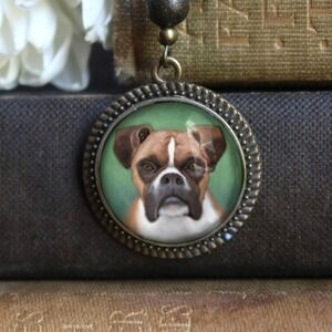 Boxer Dog Bookmark - "Best Friends" - Antique Bronze‎ & Glass Vintage Book Hook